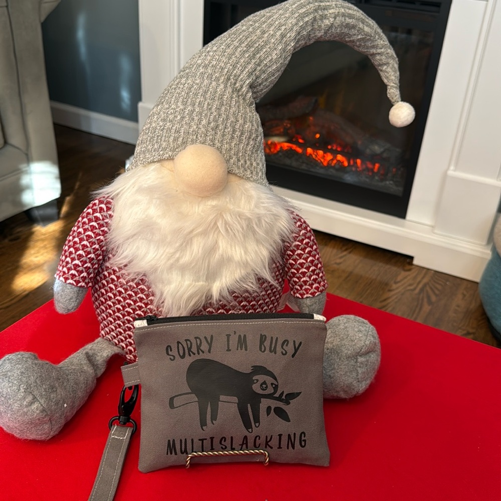 EUC! Grey handcrafted beauty pouch with sorry I’m busy multi slacking